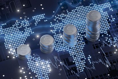 A computer screen shows a graph of the value of the dollar emerging markets in background concept
