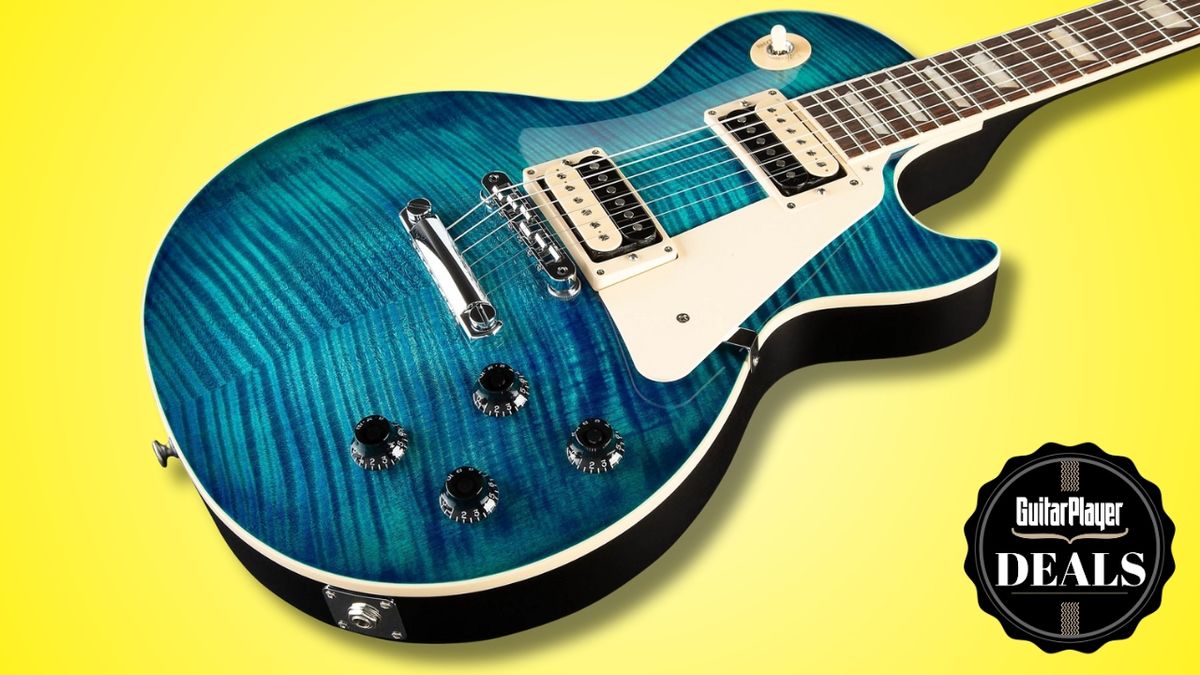 A blue Gibson Les Paul on a yellow background