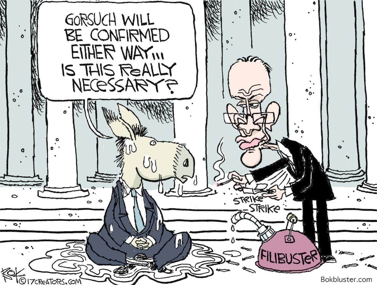 Political Cartoon U.S. SCOTUS Gorsuch Schumer Democrats Filibuster