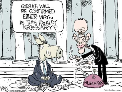 Political Cartoon U.S. SCOTUS Gorsuch Schumer Democrats Filibuster