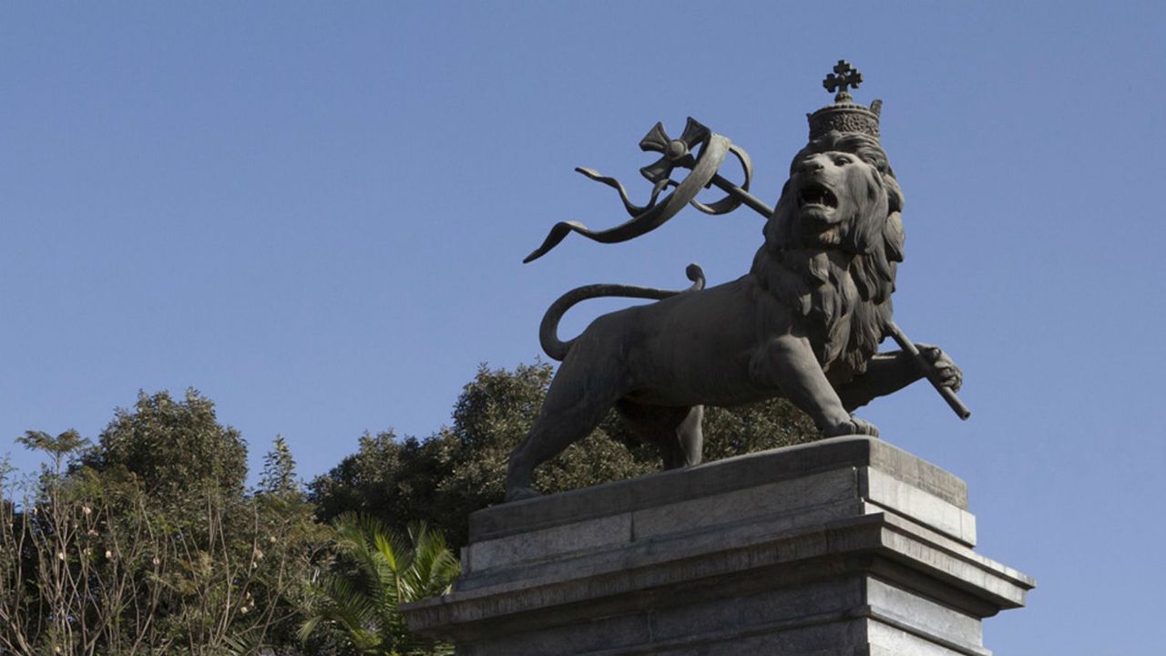 A lion statue situated near the Central Train Station in Ethiopia&amp;#039;s capital Addis Ababa