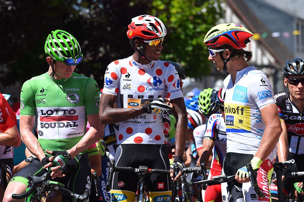 Andre Greipel, Daniel Teklehaimanot and Peter Sagan in the jerseys at the Tour de France