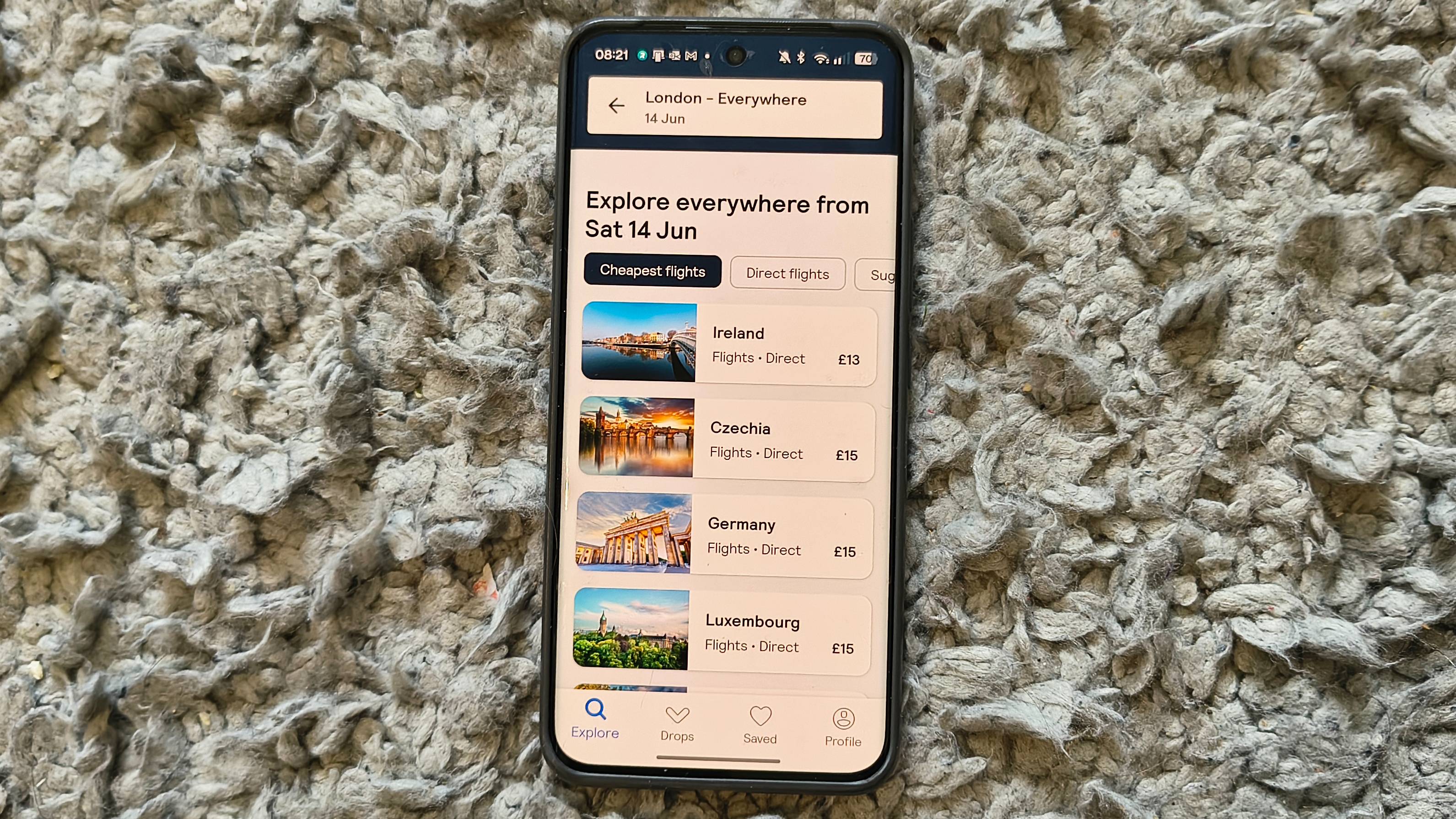 The SkyScanner app on an Android phone