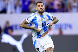 Argentina 2024 Olympics squad Nicolas Otamendi of Argentina celebrates scoring the team's fifth penalty in the penalty shoot out and the teams victory during the CONMEBOL Copa America 2024 quarter-final match between Argentina and Ecuador at NRG Stadium on July 04, 2024 in Houston, Texas. (Photo by Buda Mendes/Getty Images)