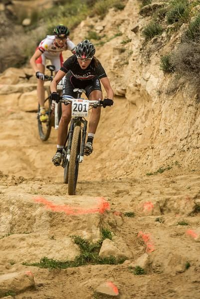 Blaza Klemencic and Katrin Leumann on a rocky downhill