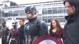 Chris Evans as Steve Rogers next to a handful of Avengers during Captain America: Civil War.