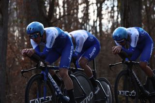 Team Jayco Alulas riders cycle during the 3rd stages team trial of the 81st Paris Nice cycling race 322 km between DampierreenBurly and DampierreenBurly on March 7 2023 Photo by ANNECHRISTINE POUJOULAT AFP Photo by ANNECHRISTINE POUJOULATAFP via Getty Images