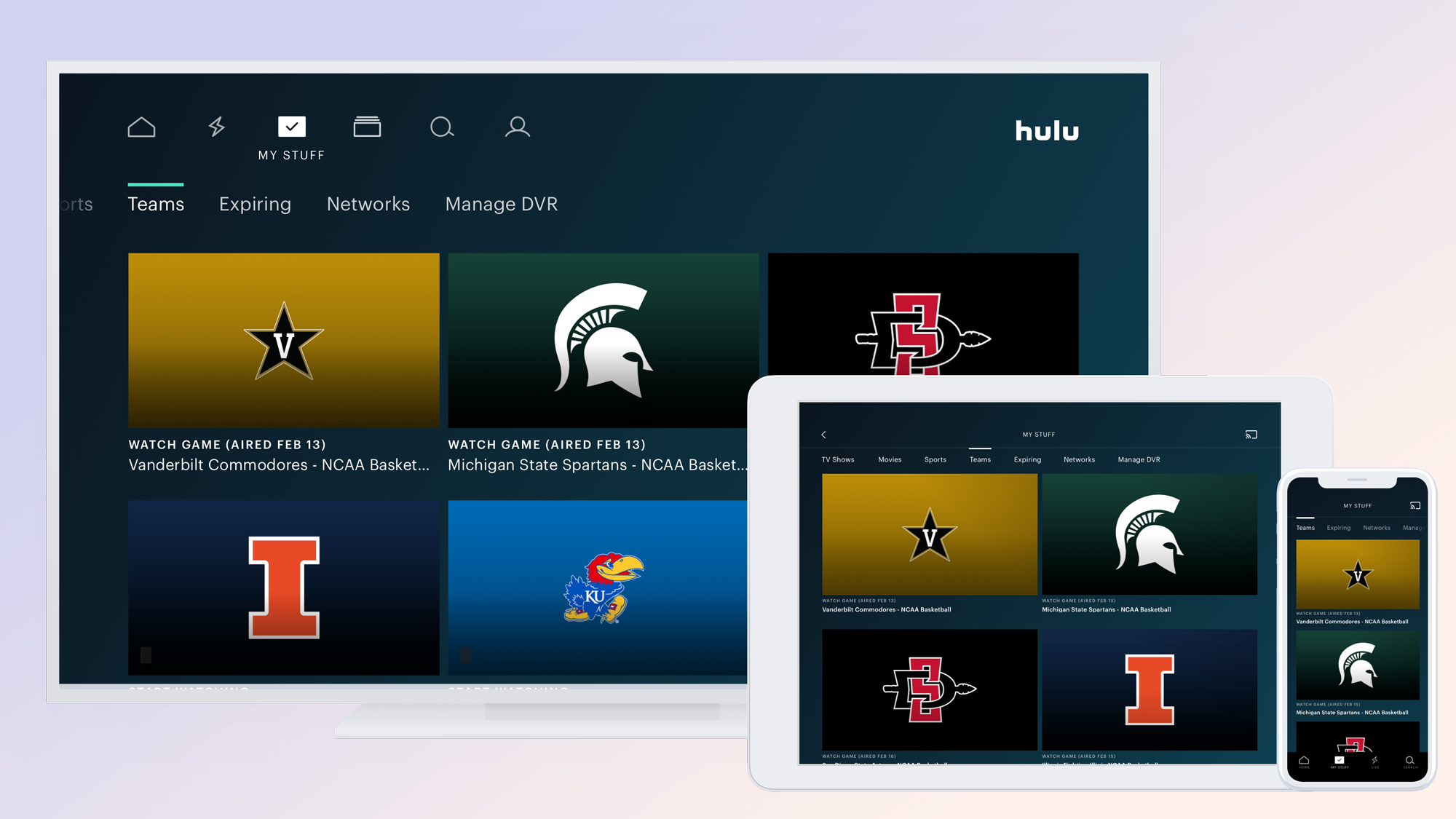 Sports teams you're following on Hulu with Live TV on a TV, tablet and phone