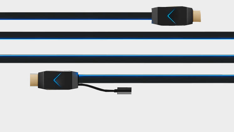 Cables HDMI Vivify Arquus iluminados con RGB azul sobre un fondo gris.