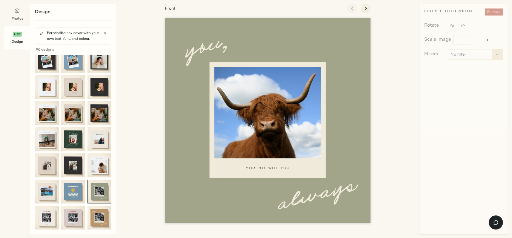 An photo book cover featuring a highland cow and a caption reading 'You, always'.