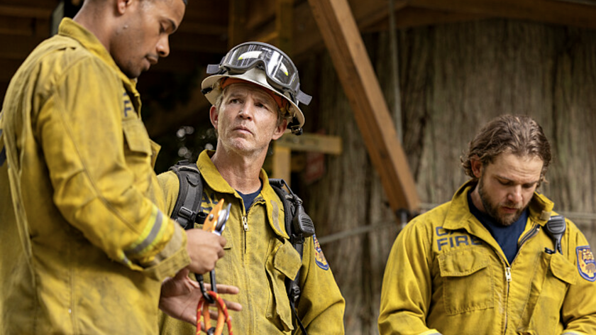 Jake Crawford (Jordan Calloway), Battalion Chief Brett Richards (Shawn Hatosy) and Bode Leone (Max Thieriot) in Fire Country season 4