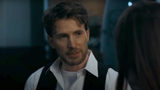 Chris Evans wearing caterer uniform in Materialists