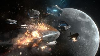 A Union ship is destroyed by debris from a Kaylon Interceptor. The team worked extensively to simulate the massive ship taking shrapnel and exploding.