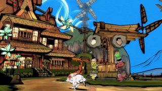 Ōkami Amaterasu running through a village during one of the best Switch games, Okami.