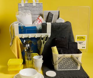 An assortment of college dorm essentials against a bright yellow background