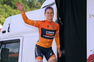 Megan Guarnier (Boels Dolmans) steps onto the podium