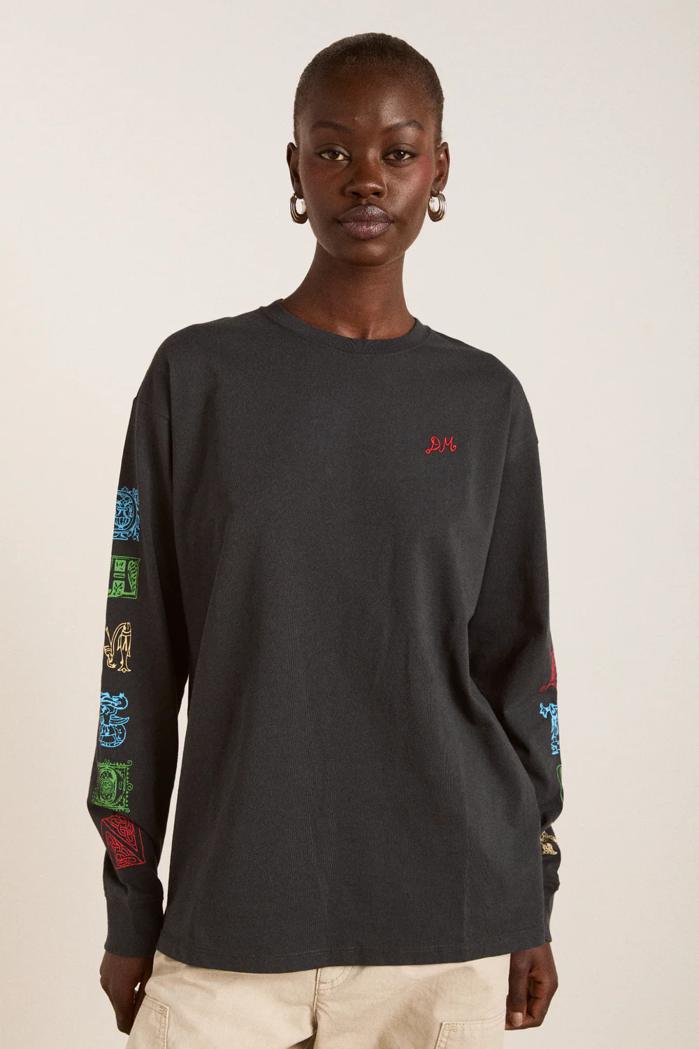 A model wearing a Damson Madder oversized t-shirt. 