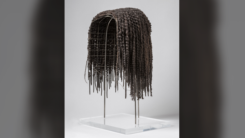 a wig made from dark-brown human hair rests on a stand against a white background
