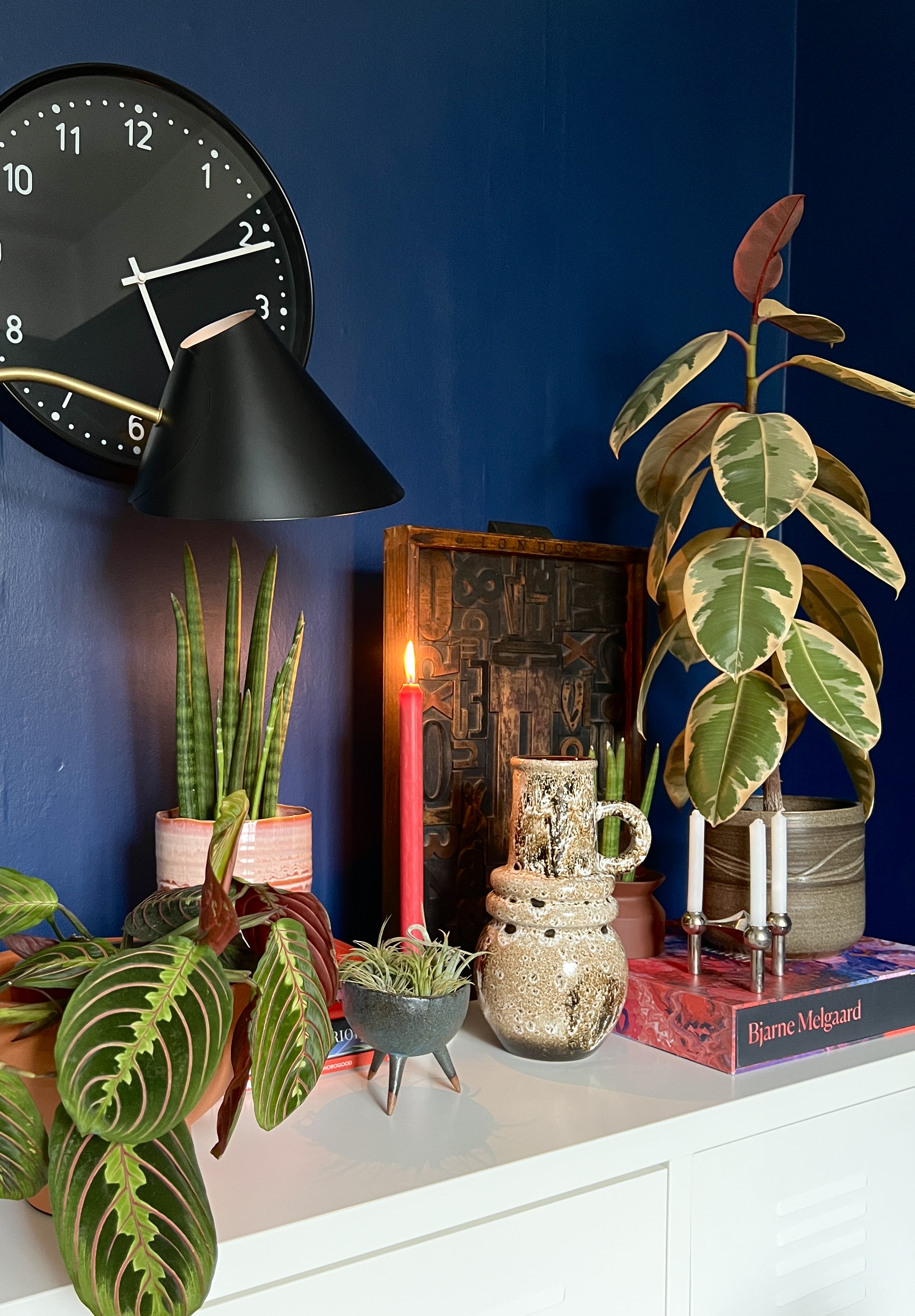 A side table with potted houseplants