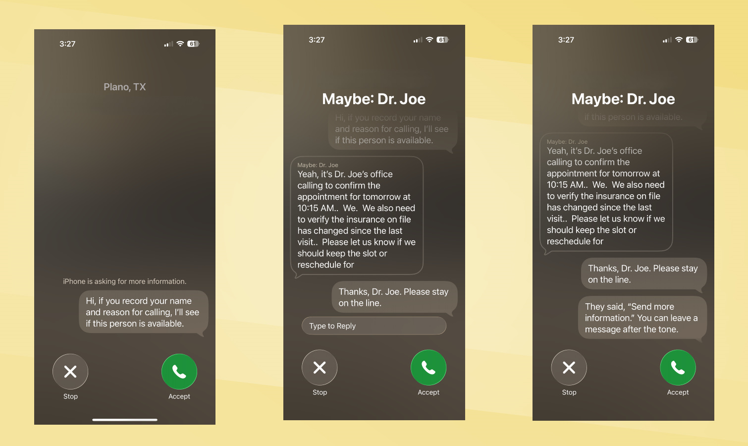 Galaxy S26 vs iPhone 17 Call Screen screenshots.