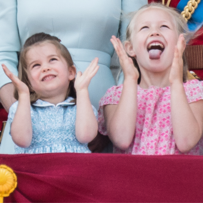 Princess Charlotte of Cambridge, Savannah Phillips and Prince George of Cambridge on the balcony of Buckingham Palace during Trooping The Colour 2018 on June 9, 2018 in London, England.