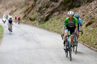 PIEVEDIBONO ITALY APRIL 22 Simon Yates of United Kingdom and Team BikeExchange green leader jersey Aleksander Vlasov of Russia and Team Astana Premier Tech Daniel Martin of Ireland and Team Israel StartUp Nation attack on breakaway during the 44th Tour of the Alps 2021 Stage 4 a 1686 to stage from Naturns to Valle del Chiese Pieve di Bono TourofTheAlps TouroftheAlps on April 22 2021 in Pieve di Bono Italy Photo by Tim de WaeleGetty Images
