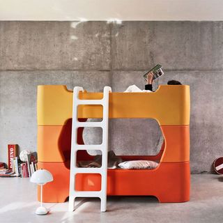 multi colour bunkbed with white ladder and beds