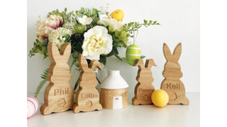 A selection of personalised wooden rabbit figures - one of the best Easter decorations 2022