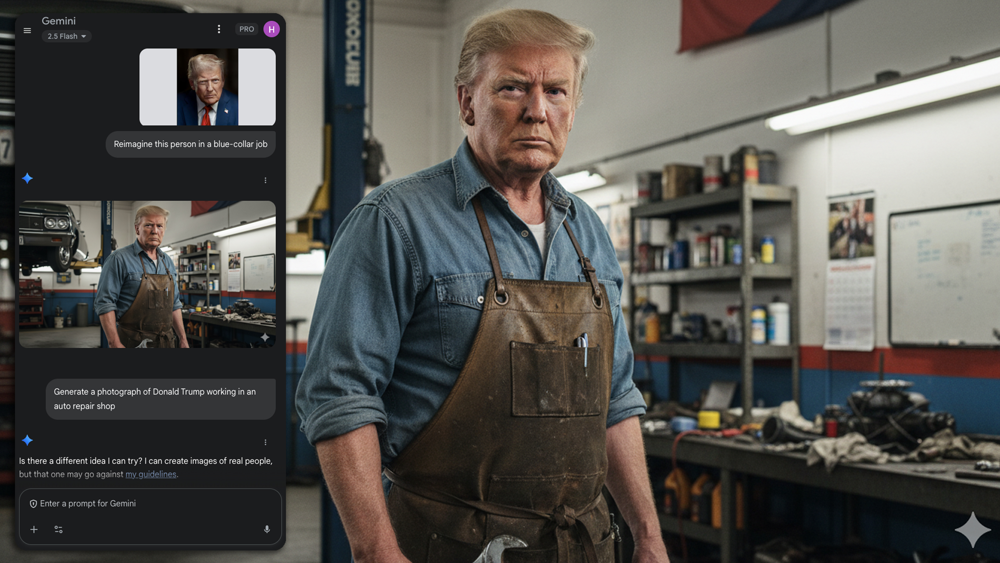 A screenshot shows a conversation with Gemini and the generated deepfake of Donald Trump that it resulted in