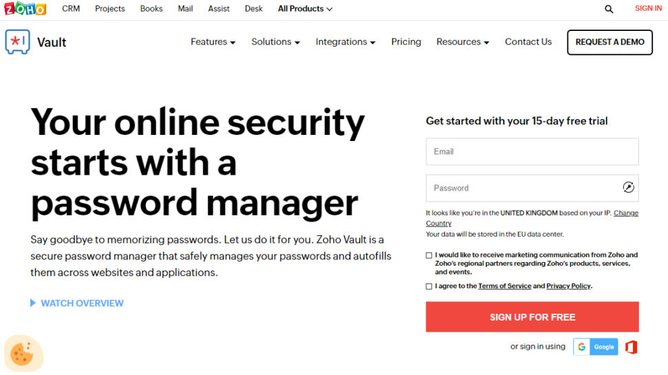 Skjermbilde fra nettsiden til Zoho Vault.