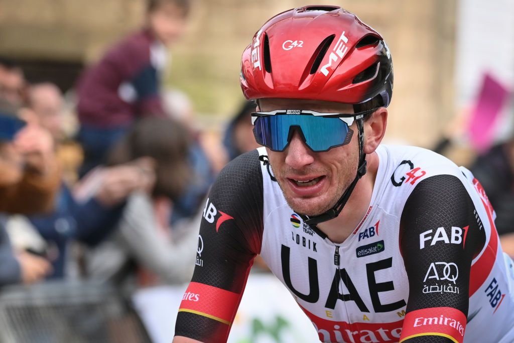 US Brandon McNulty of UAE Team Emirates celebrates as he crosses the finish line to win the fifth stage of 80th edition of the ParisNice cycling race from SaintJustSaintRambert to SaintSauveurdeMontagut 1888 km in France Thursday 10 March 2022 BELGA PHOTO DAVID STOCKMAN Photo by DAVID STOCKMANBELGA MAGAFP via Getty Images