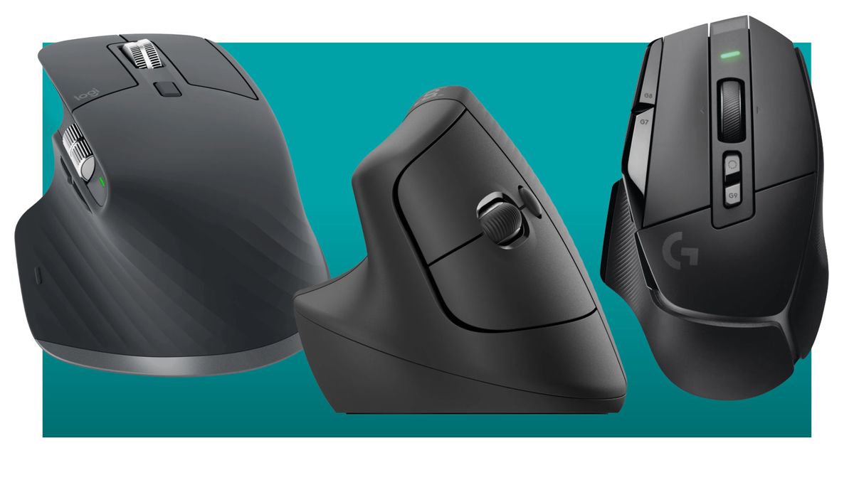 Three Logitech ergonomic mice against a teal background, with a white border