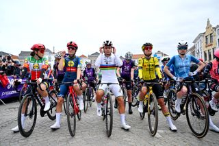 Start line at the women's Tour of Flanders 2024.