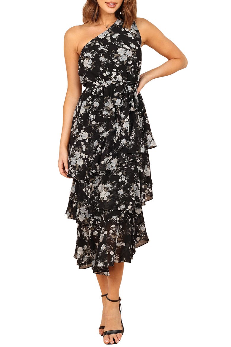 Brigette Floral One-Shoulder Tiered Midi Dress