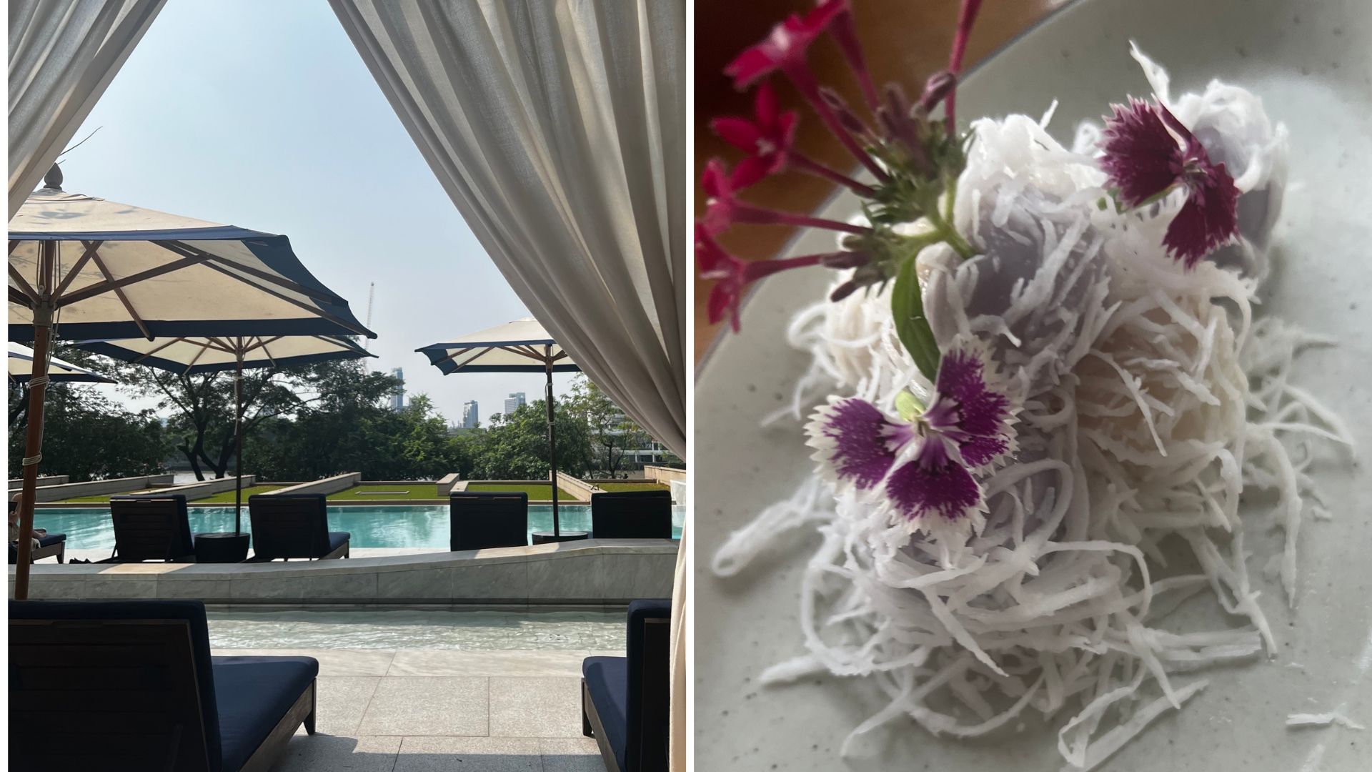 an image of the pool area at Capella Bangkok with cream umbrellas and grey loungers next to one of traditional thai dumplings covered in coconut