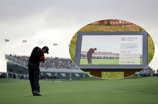 Tiger Woods hits a shot and a plaque dedicated to him at The Grove