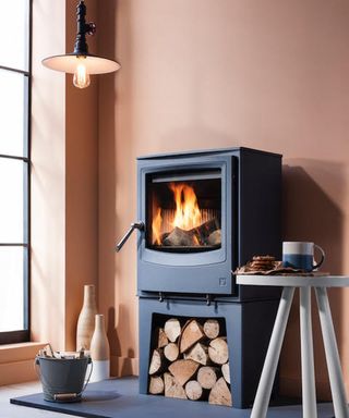 A multi-fuel stove with logs stored underneath