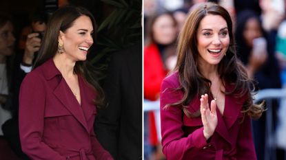 Composite of two pictures of Kate Middleton wearing a burgundy trench dress during a visit to Birmingham in 2023