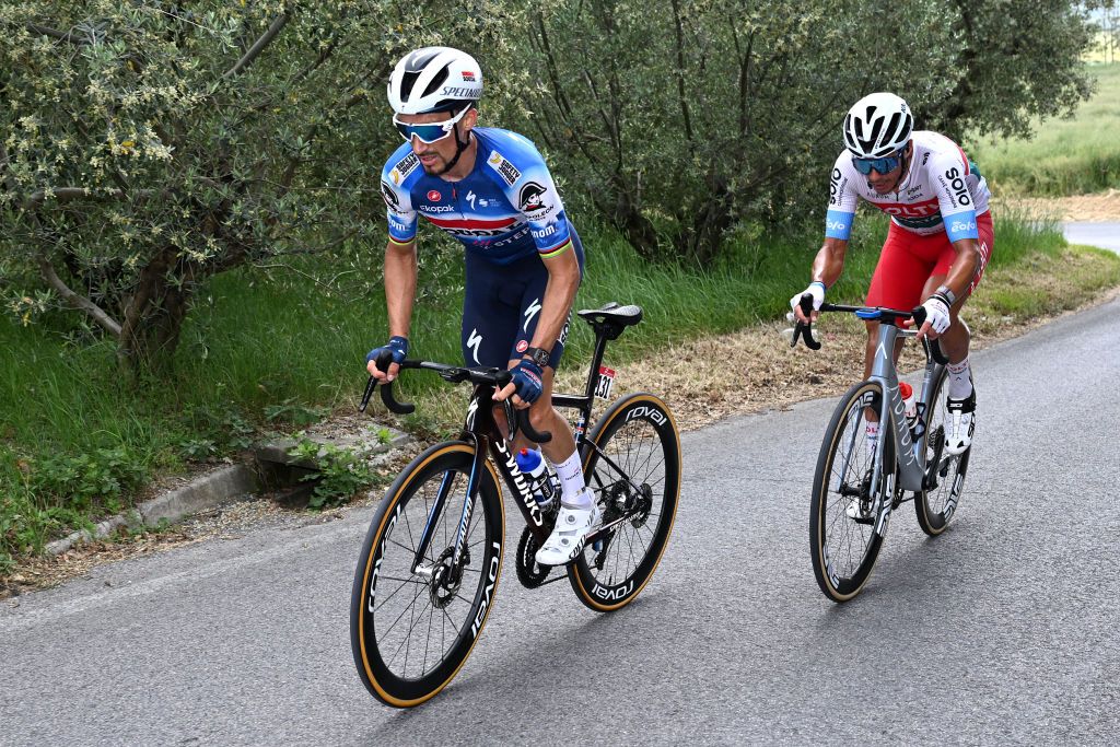 FANO ITALY MAY 16 LR Julian Alaphilippe of France and Team Soudal QuickStep and Mirco Maestri of Italy and Team Polti Kometa compete in the breakaway during the 107th Giro dItalia 2024 Stage 12 a 193km stage from Martinsicuro to Fano UCIWT on May 16 2024 in Fano Italy Photo by Tim de WaeleGetty Images