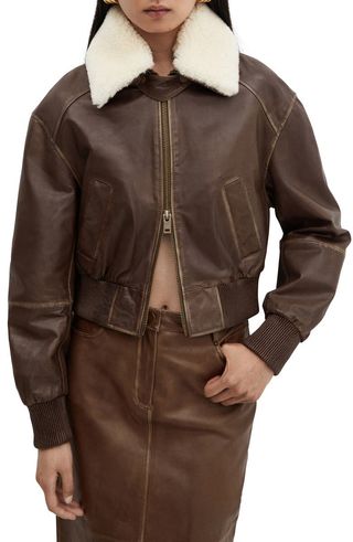 Leather Bomber With Removable Faux Shearling Collar