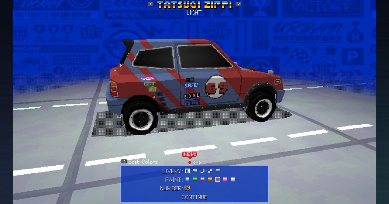 Various screenshots from Parking Garage Rally Circuit, showing off gameplay, available cars, and environments.