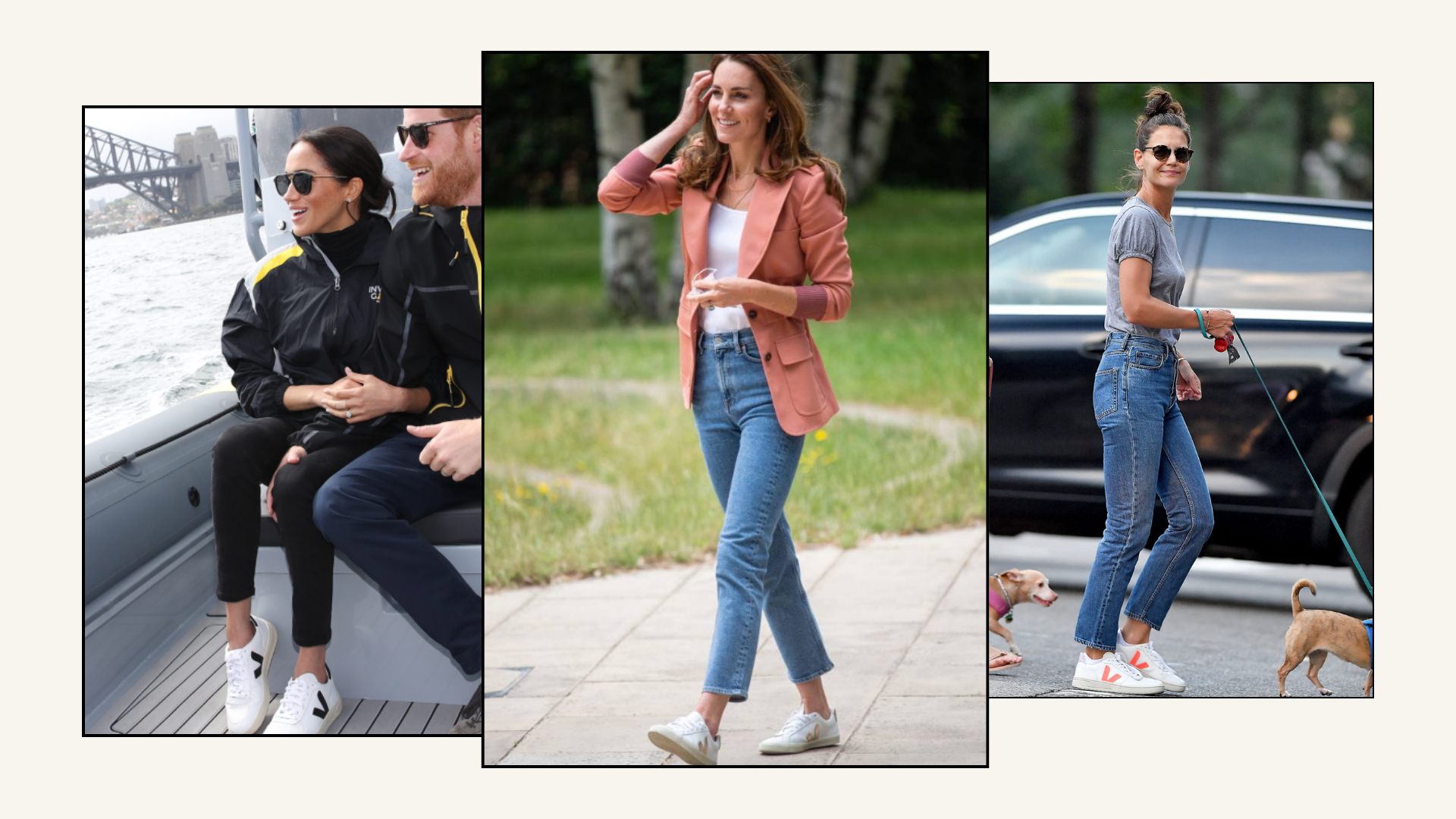 Kate Middleton, Meghan Markle and Katie Holmes wear differing Veja trainers, in images taken from Getty Images and Splash News in images taken between 2018 to 2023