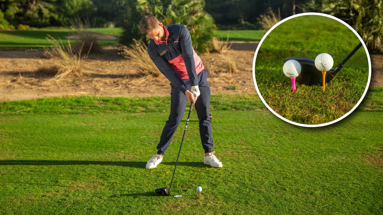 PGA pro Alex Elliott hitting a drive on the Hills Course at Infinitum Golf Resort