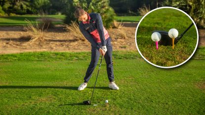 PGA pro Alex Elliott hitting a drive on the Hills Course at Infinitum Golf Resort