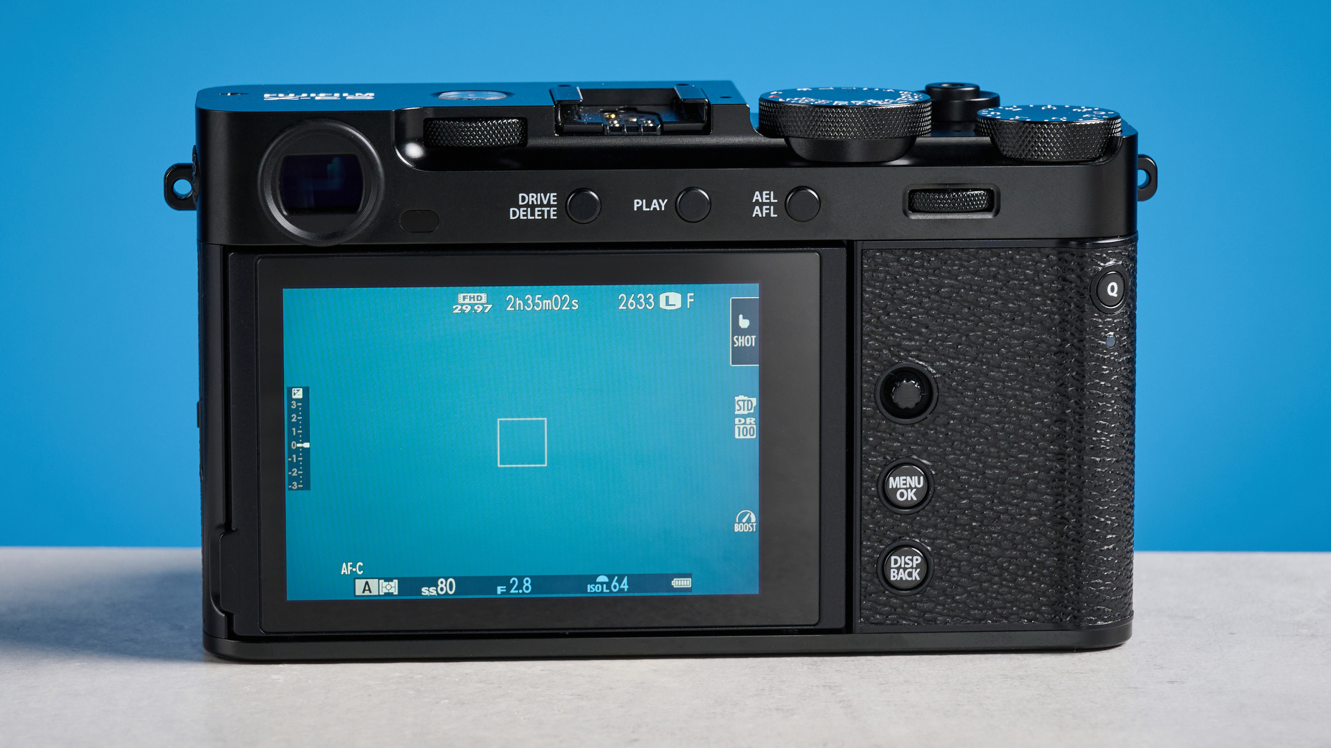Fujifilm X-E5 screen against a blue background