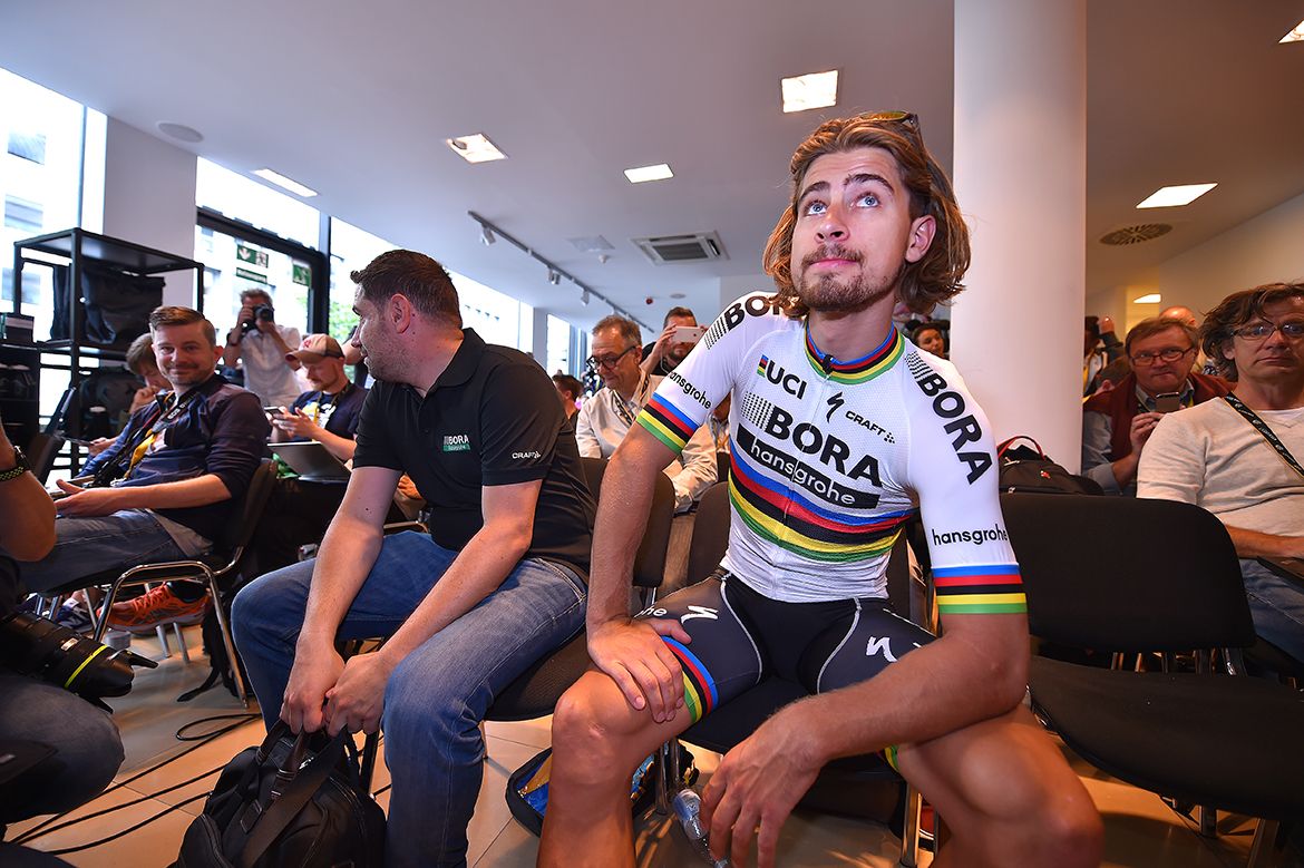 Peter Sagan (Bora-Hansgrohe) waits for his turn on stage