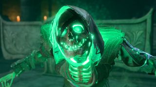 An animated skeleton glows with green internal light