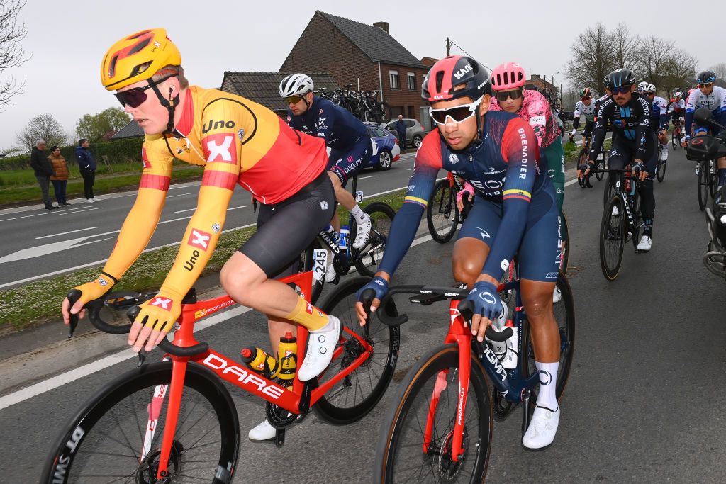 WEVELGEM BELGIUM MARCH 27 LR Anders Skaarseth of Norway and UNO X Pro Cycling Team and Jhonnatan Narvaez Prado of Ecuador and Team INEOS Grenadiers compete during the 84th GentWevelgem in Flanders Fields 2022 Mens Elite a 2488km one day race from Ypres to Wevelgem GWE22 WorldTour on March 27 2022 in Wevelgem Belgium Photo by Tim de WaeleGetty Images