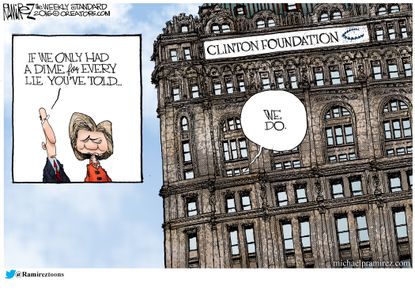 Political cartoon U.S. 2016 election Hillary Clinton lying Clinton foundation money