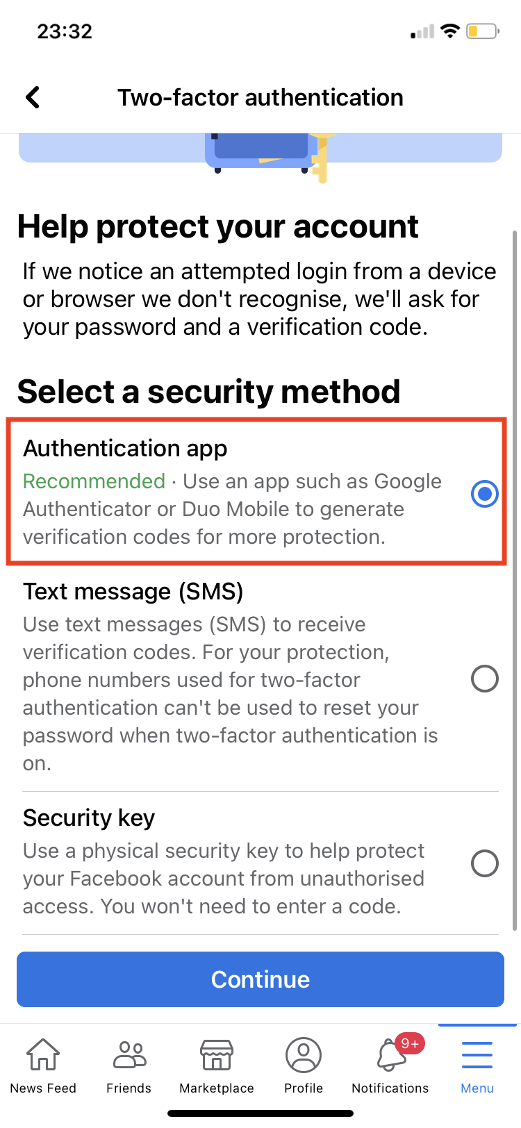 How to set up two-factor authentication on Facebook using a mobile app